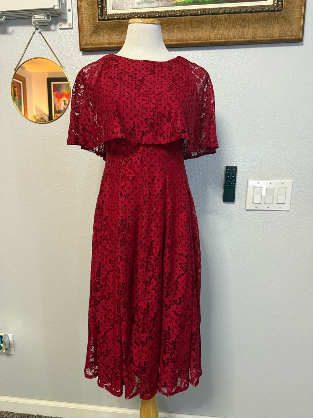 Gabby Skye Crimson Lace Midi Dress with Capelet